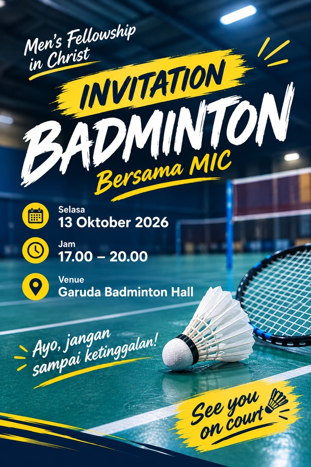 Flyer Badminton Bersama MIC, Selasa 13 Oktober 2026, pukul 17.00–20.00 WIB, Garuda Badminton Hall