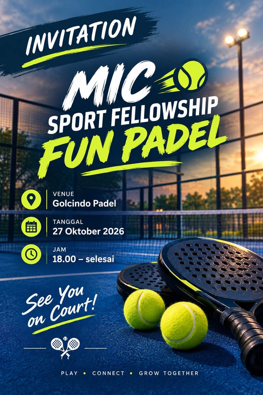 Undangan MIC Sport Fellowship — Fun Padel, Selasa 27 Oktober 2026, 18.00 WIB – selesai, Golcindo Padel. Play • Connect • Grow Together. See You on Court!