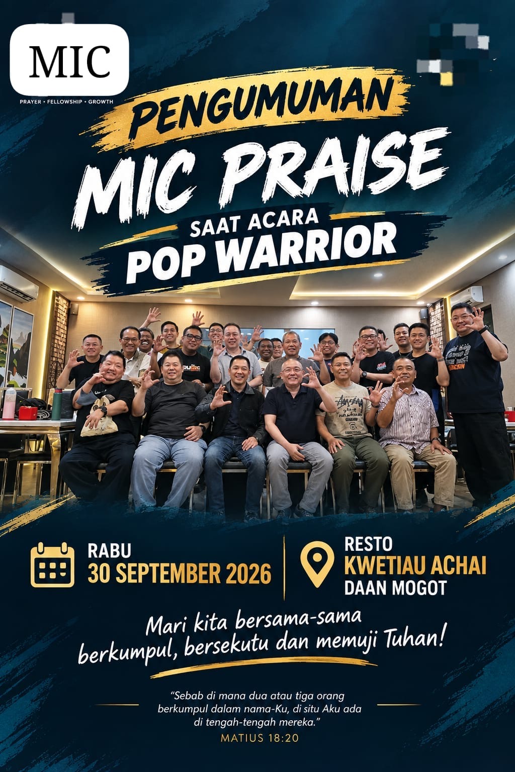 Flyer MIC Praise saat acara POP WARRIOR, Rabu 30 September 2026, Resto Kwetiau Achai Daan Mogot