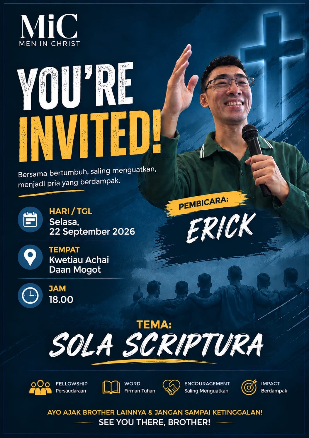 Flyer Weekly Meetup MIC Area Barat, Selasa 22 September 2026 pukul 18.00 di Kwetiau Achai Daan Mogot, pembicara Erick, tema Sola Scriptura